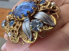 Vintage West Germany Baby Blue Art Glass Brooch Earrings Set Gold Tone Filigree