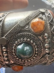 Vintage Indian Bohemian Cuff Bracelet with Natural Gemstones. Silver Tone