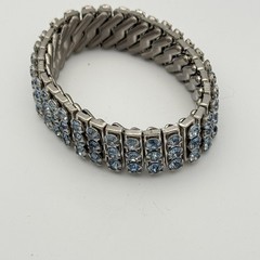 Vintage 1950s Expandable Blue Rhinestone Bracelet British Hong Kong 3 Row Silver