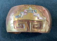 VINTAGE MEXICO COPPER BRASS & ABALONE INLAY CUFF BRACELET