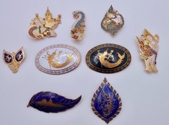 Vintage Thailand SIAM Bronze Gold-tone Niello Brooch Pins Lot of 9 L84