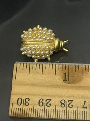 Vintage GoldTone Clear Crystals Rhinestones Faux Seed Pearls Ladybug Brooch Pin