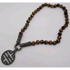 Tigers Eye Marcasite Convertible Bead Necklace Vintage Asian Inspired Charm Boho