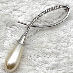 Vintage Faux Pearl Teardrop Swirl Brooch Rhinestones Silver Tone LARGE 3.5″