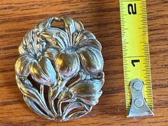 Vtg Art Nouveau Lily Flower Large St Anthony Religious Silver Copper Oval Brooch