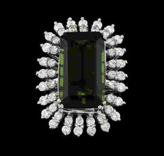 Dark Green 17.03CT Emerald Shape Tourmaline and 1.74CT Round CZ Art Deco Ring FN