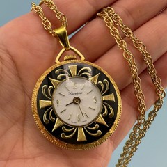 Vintage Lucerne Watch Pendant Necklace Gold Tone Floral Etched Ornate 24″ READ