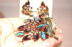 DAZZLING Peacock Blue Amethyst Rhinestone Iridescent Brooch/Earrings #81