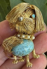 Vintage Gold tone wired faux turquoise pearl Dog Brooch Pin Jewelry