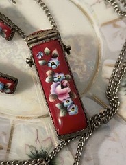Vintage Russian Finfit Hand Painted Enamel Pillbox Locket & Earring Set