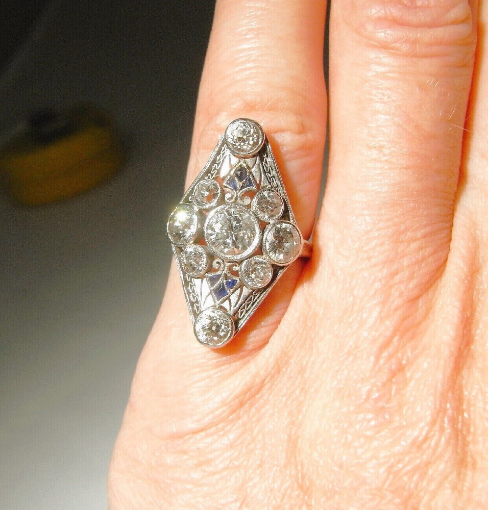 Early Century Edwardian Navette Ring 2Ct Lab Created Diamond 14k White Gold Over