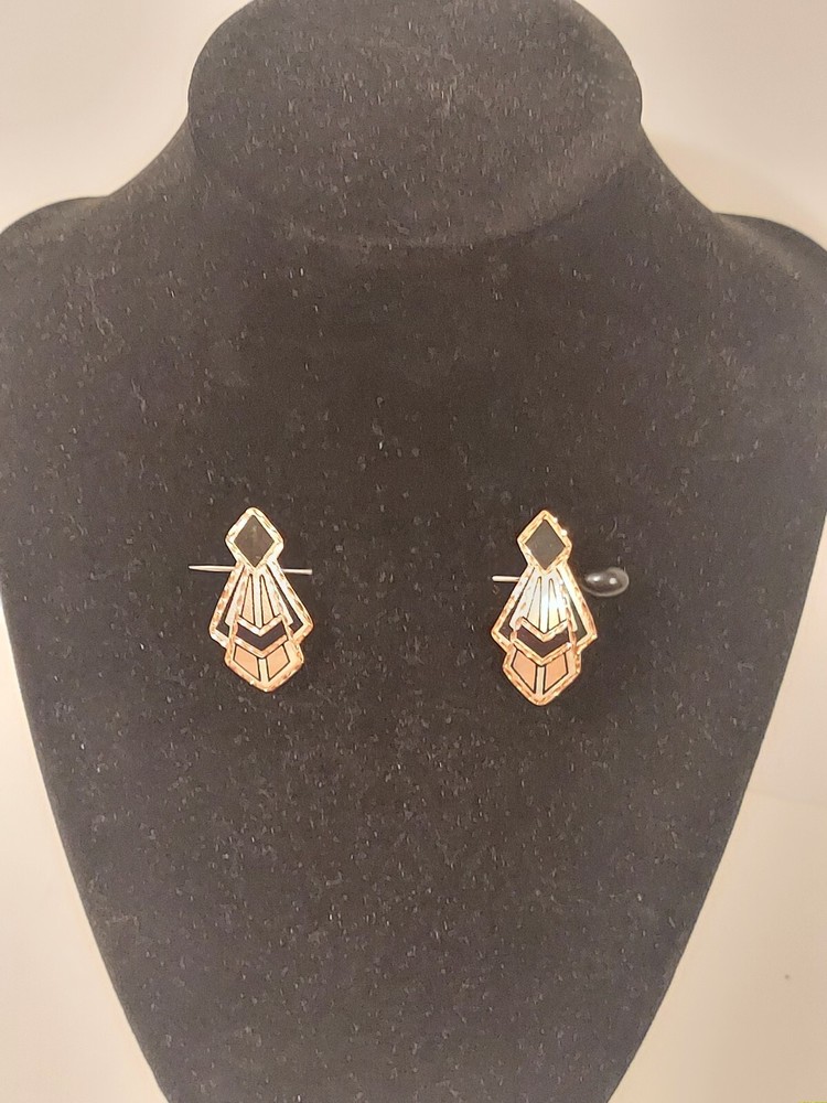 Art Deco Style Silver And Black On Copper Pierced Earrings