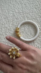 Vintage Gold and White Jewelry Set Ring & Bracelet Glass Pearl Fashion