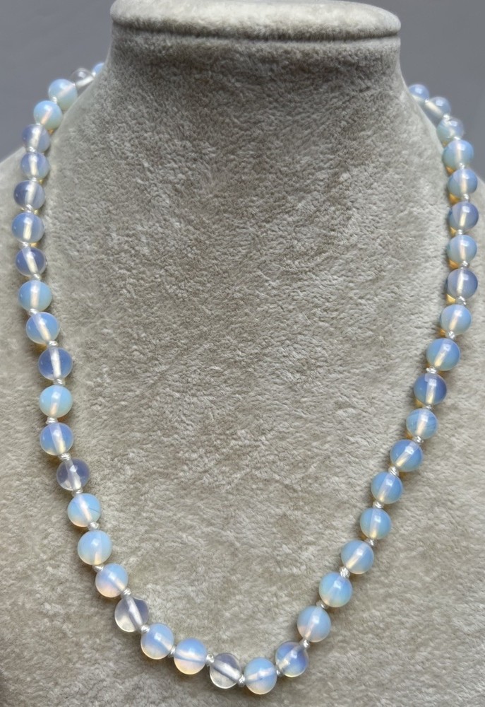 Vintage Knotted Opalite Bead Necklace 16”