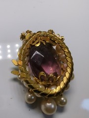 Vintage Wreath Pendant Necklace Delicate Pearl Flowers Amethyst Green Enamel