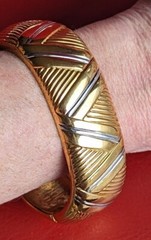 Vtg Oroton High Polish Shiny Gold Silver Tone Wide Bangle Fits 7″ Bracelet Dent