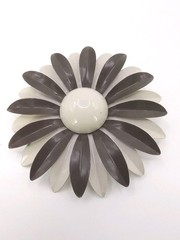 Vintage Enamel Daisy Flower Brooch Cream Brown Mod Mid Century Lg 3 in D