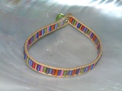 Estate Tan Cord with Rainbow Glass Tubular Beads Bracelet with Button Clasp –