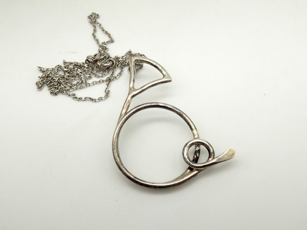 Vintage Sterling Silver Modernist French Horn Pendant Necklace Musician
