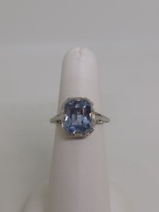 Edwardian 18k White Gold Synthetic Spinel Aquamarine Filigree Ring Size 4.75