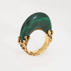 70s Vintage Malachite Brutalist Ring High Dome Sz 6.5 14k Yellow Gold Jewelry