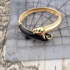 Jackie Collins 2 Panther Enamel Black Gold Tone Rhinestone 6.5″ Hinged Bangle