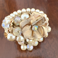 MIRIAM HASKELL FAUX PEARL CRYSTAL RHINESTONE FLOWER WRAP BRACELET / 2 STRAND