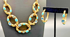 RJ Graziano Vintage Turquoise Blue Topaz Crystal Gold Tone Necklace Hoop Earring