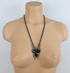 Vintage Estate Jet Black Clear Glass Rhinestone Necklace Elegant Long 24″