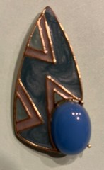 Vtg Trifari Teal Enamel Blue Cabochon Geometric Space Age Gold Tone Brooch H10