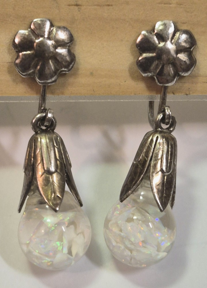 Vintage Sterling Silver Floating Opal Chip Earrings Signed Opalite Dangle Bridal