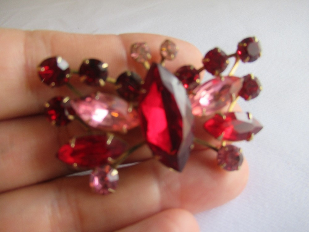 Vintage Red Rhinestone Pink Butterfly Brooch Pin