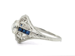 Bezel Set Old Mine Cut Moissanite With Blue Sapphire Floral 925 Silver Ring