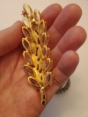 2 Brooches Silver Tone Botticelli And Gold Tone AB Stone Leaf