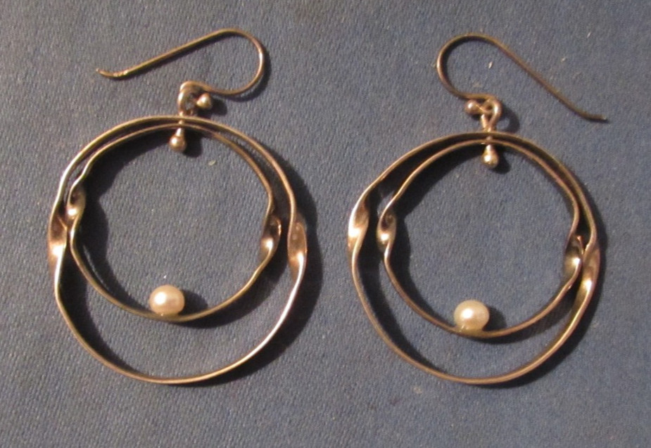 VINTAGE STERLING SILVER & PEARLS DOUBLE HOOP DANGLE DROP PIERCED EARRINGS