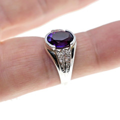 Made in Romania 14k Solid White Gold Natural Amethsyt and Diamond Ring Sz 7