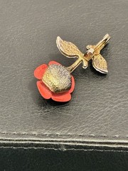 Vintage MCM 3D Matte Red Enamel Rose Brooch Pin Gold Tone Textured Stem Flower