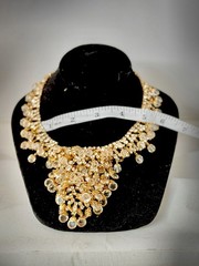 Vintage Rhinestone Bib Necklace Clip On Earrings Set Gold Tone Crystal Bridal