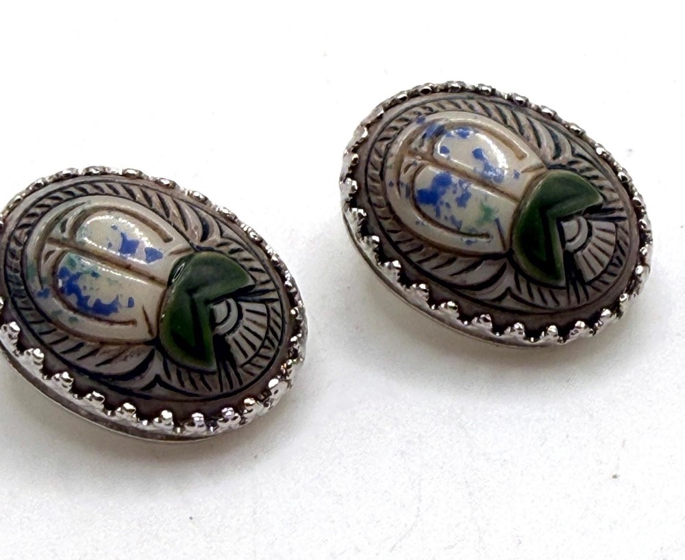 Vintage Whiting and Davis scarab Egyptian revival clip on earrings rare