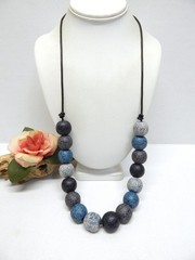 Vintage Clay Pottery Bead Necklace Multicolor 21mm Beads, Tie Back Leather Chord