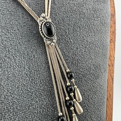 Vintage 925 Sterling Silver & Onyx Southwestern Lariat Necklace Liquid Silver