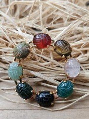 Vintage Scarab Beetle Brooch Carved Gemstones Gold Over Sterling