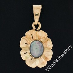 Vintage 14k Gold Oval Cabochon Bezel Set Jelly Opal Scalloped Pendant Charm