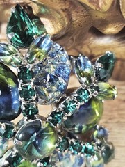 VTG Silvertone Blue & Green Split Color, Confetti Glass, Rhinestone Floral…