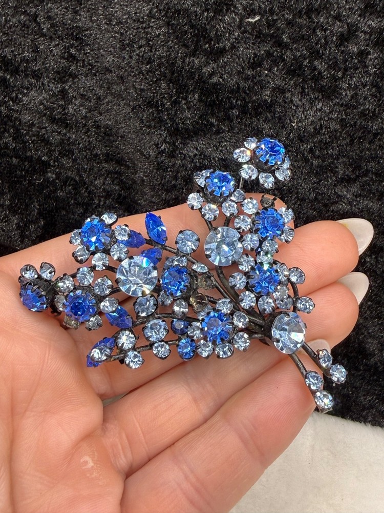 Vintage Austria Rhinestone Flower Brooch Blue Black Enamel READ