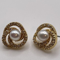 Earrings Vintage Rhinestone Faux Pearl Knot Gold Tone Metal Stud Jewelry