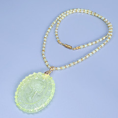 Uranium Glass Necklace 23” Cameo Pendant Vaseline Yellow Czech Beads