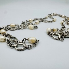 Vintage Baroque Pearl Opera Length Necklace Silver Tone Station Chain 45 in 50g