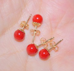 RARE ITALIAN SARDINIA 14K CALIBRATED RED CORAL 5.5 MM BALL FANCY STUD EARRINGS
