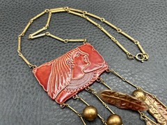 Vintage Lady Face Egyptian Revival Red Huge Waterfall Fringe Dangle Necklace 18”